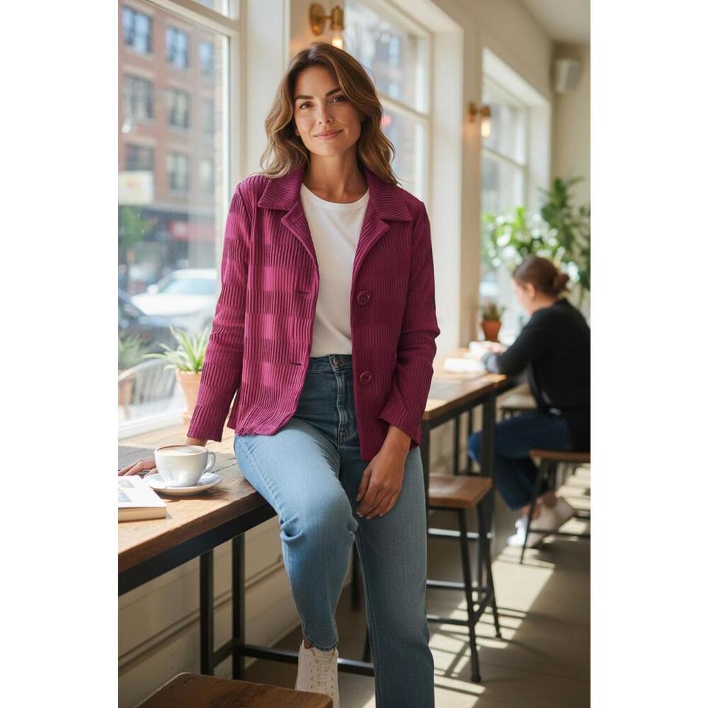 Erin‎ by Erin Londn Woomen's Textured Plum Button-Up Jacket Size Petite Large